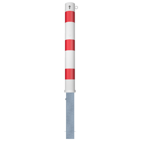 Wit-rode uitneembare afzetpaal, Ø102 mm, met cilinderslot en één kettingoog.