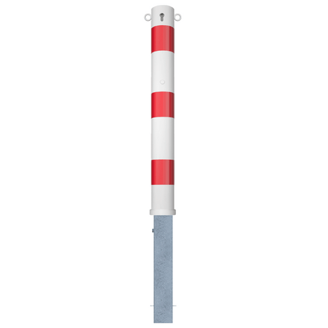 Wit-rode uitneembare afzetpaal Ø102 mm met cilinderslot en twee kettingogen.