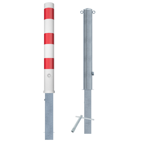 Twee uitneembare afzetpalen: één wit-rood gestreept, één verzinkt, beide met slotopties en Ø102 mm.