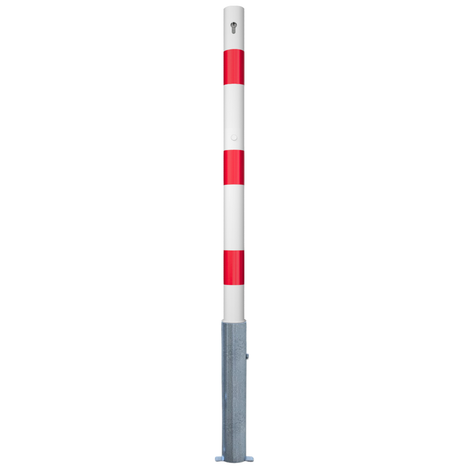 Uitneembare afzetpaal Ø60 mm, wit-rood gestreept, met cilinderslot bovenaan.