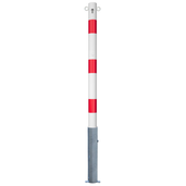 Witte met rode strepen uitneembare afzetpaal Ø60 mm met cilinderslot en twee kettingogen.