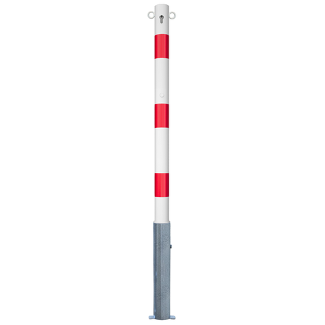 Witte met rode strepen uitneembare afzetpaal Ø60 mm met cilinderslot en twee kettingogen.
