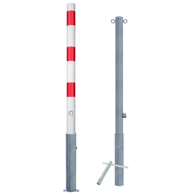 Uitneembare afzetpaal Ø60 mm, wit-rood gestreept, naast een verzinkte paal met slotopties en sleutel.