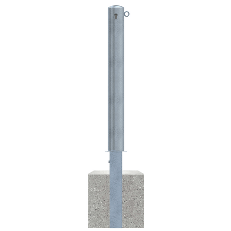 Verzinkte uitneembare afzetpaal Ø102 mm met cilinderslot en 1 kettingoog, verankerd in betonvoet.
