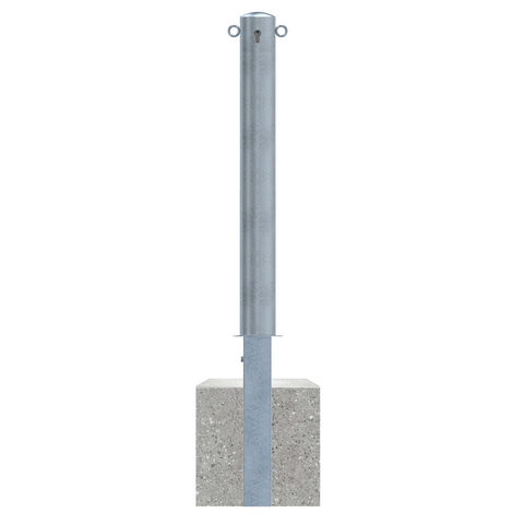 Verzinkte uitneembare afzetpaal Ø102 mm met betonvoet, cilinderslot en 2 kettingogen.