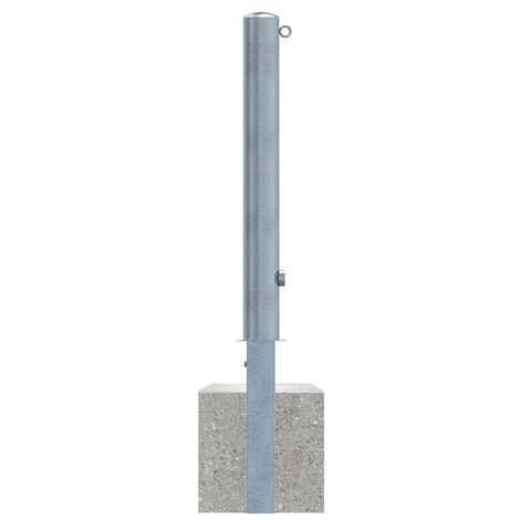 Verzinkte uitneembare afzetpaal Ø102 mm met driekantslot, kettingoog en betonvoet.