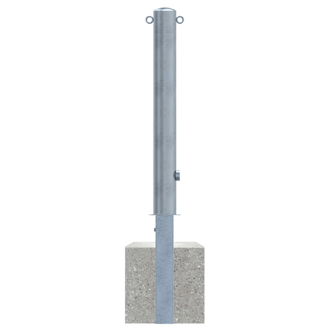 Verzinkte uitneembare afzetpaal Ø102 mm met betonvoet, driekantslot en twee kettingogen.