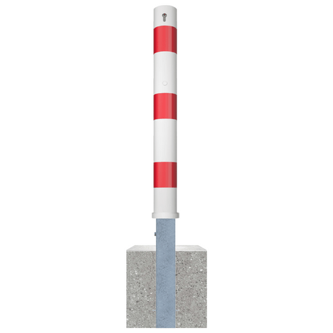 Wit-rode uitneembare afzetpaal Ø102 mm met cilinderslot, verankerd in een betonvoet.