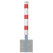 Wit-rode uitneembare afzetpaal Ø102 mm met cilinderslot en kettingoog, verankerd in betonvoet.