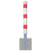 Wit-rode uitneembare afzetpaal Ø102 mm met cilinderslot en 2 kettingogen, verankerd in betonvoet.