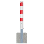 Wit-rode uitneembare afzetpaal Ø102 mm met reflecterende strepen, verankerd in een betonnen voet.
