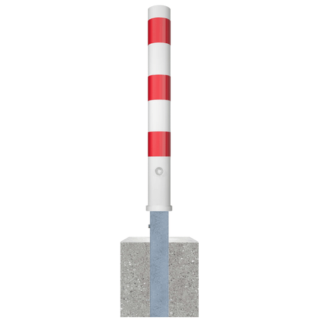 Wit-rode uitneembare afzetpaal Ø102 mm met reflecterende strepen, verankerd in een betonnen voet.