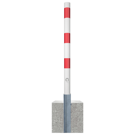 Uitneembare afzetpaal Ø60 mm, wit-rood gestreept, met driekantslot en betonvoet.