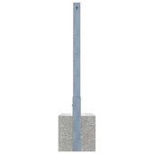 Verzinkte uitneembare afzetpaal 70x70 mm met betonvoet en cilinderslot, zij-aanzicht.