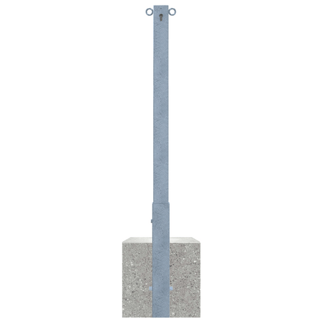 Verzinkte, uitneembare parkeerpaal 70x70 mm met cilinderslot en 2 kettingogen, in betonvoet.