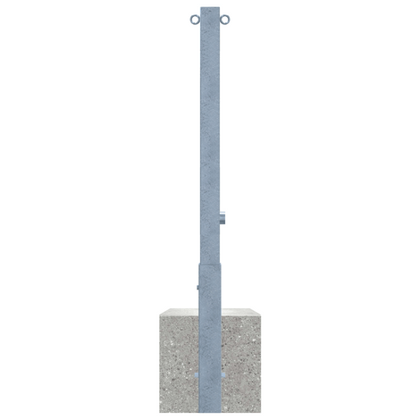 Verzinkte, uitneembare afzetpaal 70x70 mm met betonvoet, driekantslot en 2 kettingogen.
