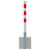 Wit-rode uitneembare afzetpaal 70x70 mm met cilinderslot, kettingoog en betonvoet.