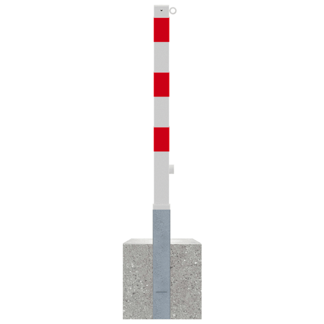 Wit-rode uitneembare afzetpaal 70x70 mm met driekantslot, kettingoog en betonvoet.