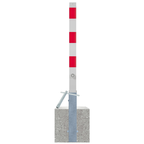 Wit-rode uitneembare afzetpaal 70x70 mm met betonvoet en sleutel.