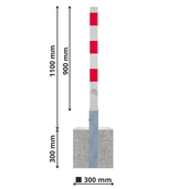 Wit-rode uitneembare afzetpaal 70x70 mm met betonvoet, 1100 mm hoog.
