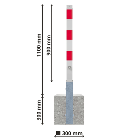 Wit-rode uitneembare afzetpaal 70x70 mm met betonvoet, 1100 mm hoog.