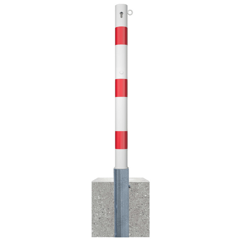 Wit-rode uitneembare afzetpaal Ø76 mm met cilinderslot, 1 kettingoog en betonvoet.