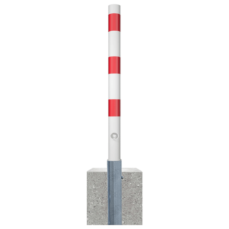 Wit-rode uitneembare afzetpaal Ø76 mm met driekantslot en betonvoet, voor professioneel gebruik.