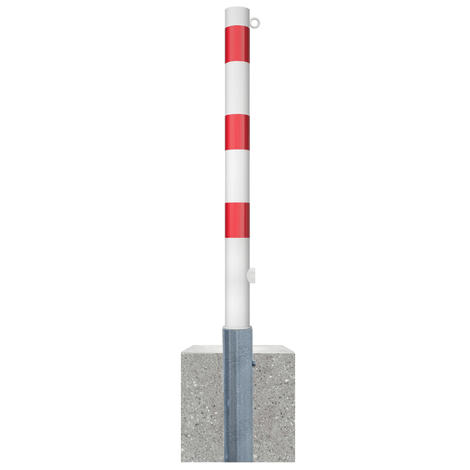 Wit-rode uitneembare afzetpaal Ø76 mm met betonvoet en kettingoog.