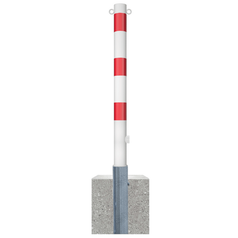 Wit-rode uitneembare afzetpaal Ø76 mm met betonvoet en 2 kettingogen.