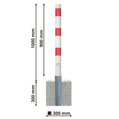 Wit-rode uitneembare afzetpaal Ø76 mm met betonvoet, 1000 mm hoog, voor verkeersbeheer.