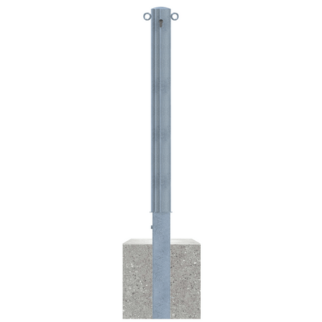 Verzinkte uitneembare afzetpaal Ø89 mm met cilinderslot, 2 kettingogen en betonvoet.