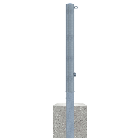 Verzinkte uitneembare afzetpaal Ø89 mm met driekantslot, 1 kettingoog en betonvoet.