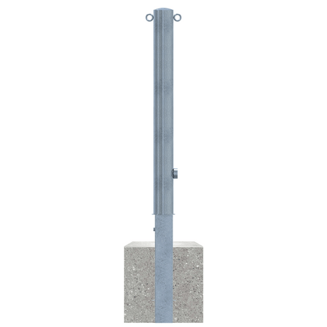 Verzinkte uitneembare afzetpaal Ø89 mm met betonvoet, driekantslot en 2 kettingogen.