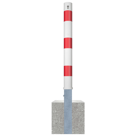 Wit-rode uitneembare afzetpaal Ø89 mm met cilinderslot en betonvoet.