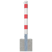 Wit-rode uitneembare afzetpaal Ø89 mm met cilinderslot en 1 kettingoog, verankerd in een betonvoet.