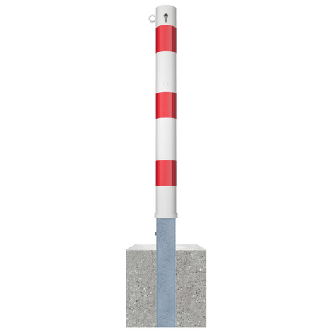 Wit-rode uitneembare afzetpaal Ø89 mm met cilinderslot en 1 kettingoog, verankerd in een betonvoet.