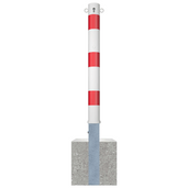 Wit-rode uitneembare afzetpaal Ø89 mm met cilinderslot, 2 kettingogen en betonvoet.