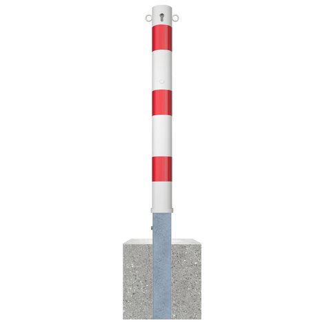 Wit-rode uitneembare afzetpaal Ø89 mm met cilinderslot, 2 kettingogen en betonvoet.