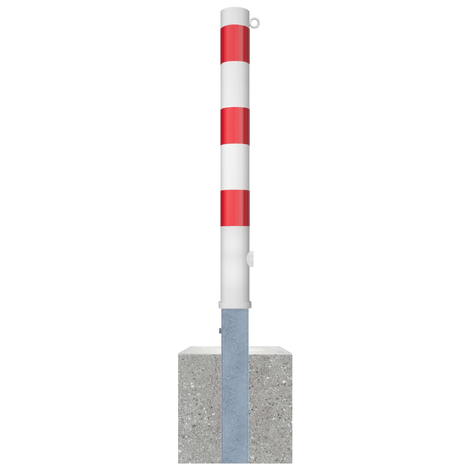 Wit-rode uitneembare afzetpaal Ø89 mm met driekantslot, 1 kettingoog en betonnen voet.
