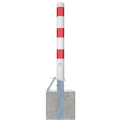 Uitneembare afzetpaal Ø89 mm, wit-rood gestreept, met geïntegreerde betonvoet en vergrendelingsmechanisme.