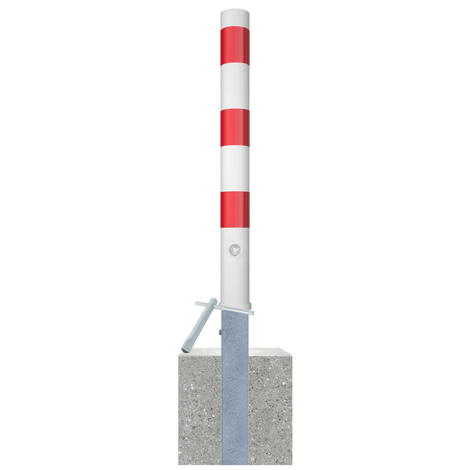 Uitneembare afzetpaal Ø89 mm, wit-rood gestreept, met geïntegreerde betonvoet en vergrendelingsmechanisme.