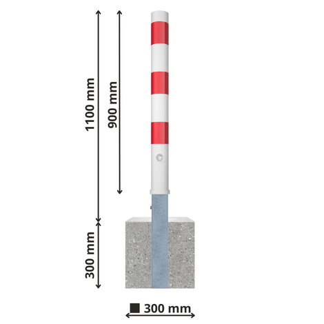 Uitneembare afzetpaal Ø89 mm, wit-rood gestreept, met betonvoet 300x300x300 mm en totale hoogte 1100 mm.