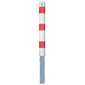 Uitneembare parkeerpaal Ø102 mm, wit-rood gestreept, met cilinderslot bovenaan.