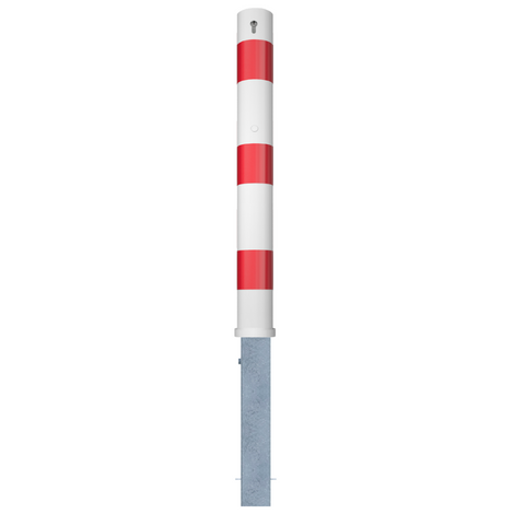 Uitneembare parkeerpaal Ø102 mm, wit-rood gestreept, met cilinderslot bovenaan.