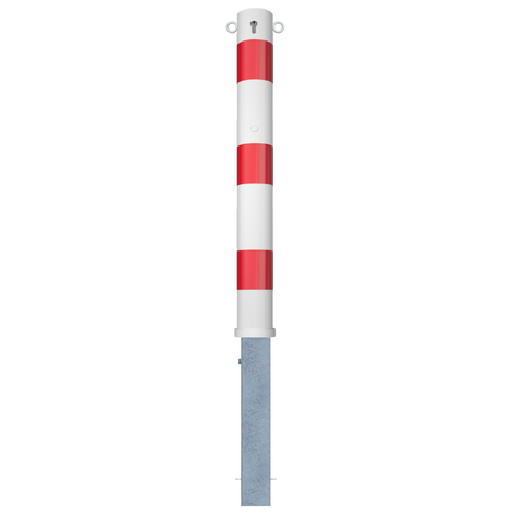 Wit-rode uitneembare parkeerpaal Ø102 mm met cilinderslot en 2 kettingogen.