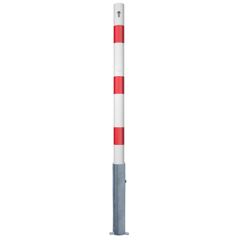 Wit-rode uitneembare parkeerpaal Ø60 mm met cilinderslot en verzinkte grondbevestiging.