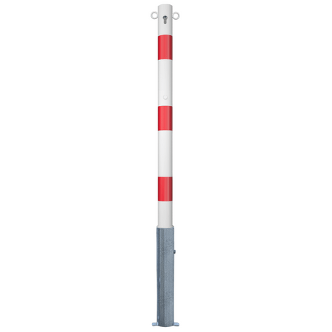 Wit-rode uitneembare parkeerpaal Ø60 mm met cilinderslot en twee kettingogen.