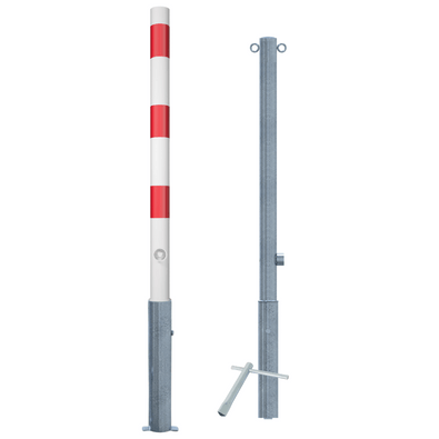 Uitneembare parkeerpaal Ø60 mm, wit-rood gestreept, naast een verzinkte paal met slotopties en sleutel.