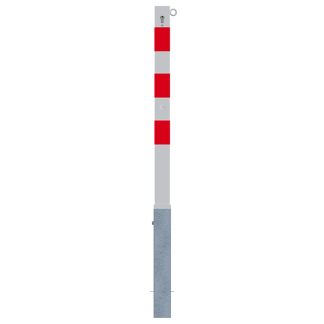 Wit-rode uitneembare parkeerpaal, 70x70 mm, met cilinderslot en 1 kettingoog.