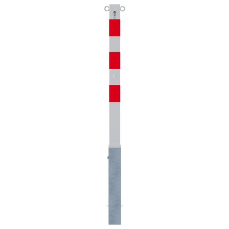 Wit-rode uitneembare parkeerpaal, 70x70 mm, met cilinderslot en 2 kettingogen.
